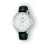 Lorus RJ278AX9 ezüst színű óra fekete bőrszíjjal, fehér számlappal és díszített indexekkel.
