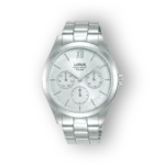 Lorus RP651DX9 ezüst színű karóra, három további számlappal és fém szíjjal.