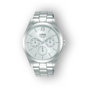 Lorus RP651DX9 ezüst színű karóra, három további számlappal és fém szíjjal.