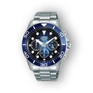 Ezüst szíjjal és kék előlappal készült Lorus RT347JX9 kronográf óra.