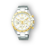 Seiko Spirit SBTR024 watch with a silver and gold-tone stainless steel bracelet, white dial, gold markers, and chronograph subdials.