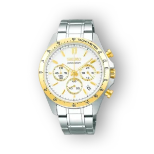 Seiko Spirit SBTR024 watch with a silver and gold-tone stainless steel bracelet, white dial, gold markers, and chronograph subdials.