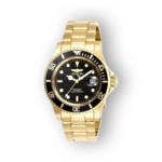 Arany színű Invicta karóra fekete számlappal és dátumkijelzővel.