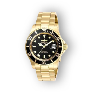 Arany színű Invicta karóra fekete számlappal és dátumkijelzővel.