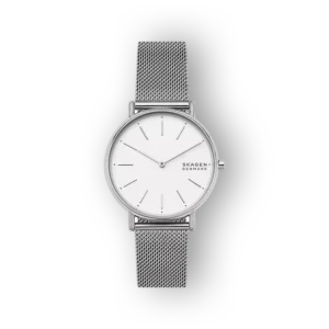 Skagen Signatur Slim elegáns karóra ezüst szíjjal és fehér számlappal.
