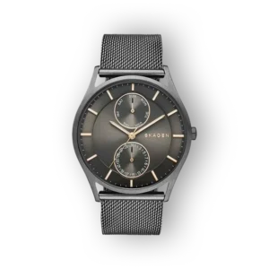 Skagen Holst SKW6180 fekete karóra karcsú fém szíjjal és három számlappal.