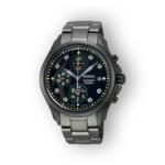 Black chronograph watch with luminous details, three subdials, and a stainless steel bracelet. Water-resistant to 100 meters.