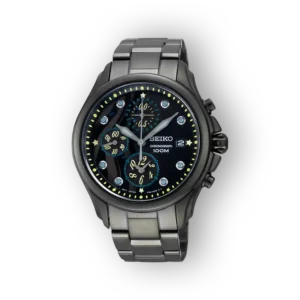 Black chronograph watch with luminous details, three subdials, and a stainless steel bracelet. Water-resistant to 100 meters.