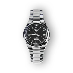 Seiko karóra fekete számlappal és fém szíjjal