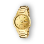 Gold Seiko 5 watch with a smooth bracelet, featuring a gold dial, date display, and sleek hands on a black background.