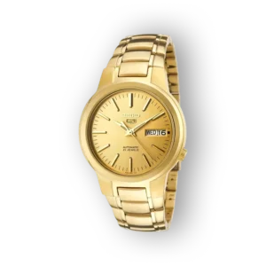 Gold Seiko 5 watch with a smooth bracelet, featuring a gold dial, date display, and sleek hands on a black background.