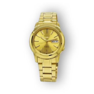 Seiko 5 SNKE56J1 automata óra arany színű fém karkötővel és napidatum mutatóval.