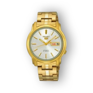 Seiko 5 Automatic SNKK74K1 aranyszínű karóra fehér számlappal.