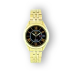 Arany Seiko karóra, fekete számlap, elölnézetben.