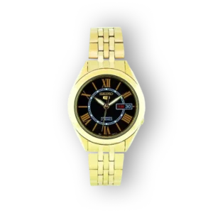 Arany Seiko karóra, fekete számlap, elölnézetben.