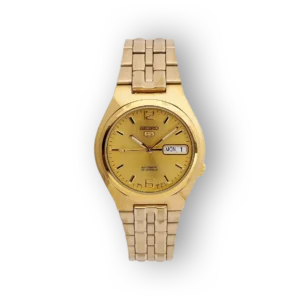 Golden Seiko 5 Automatic watch with a round dial, date display, and a metallic bracelet, set against a black background.