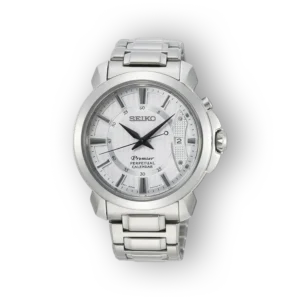 Seiko Premier SNQ155P1 ezüst színű karóra, fehér számlappal.