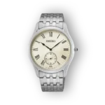 Silver Seiko watch with a cream dial, Roman numerals, and a subdial for seconds, featuring a polished bracelet and elegant design.