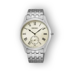 Silver Seiko watch with a cream dial, Roman numerals, and a subdial for seconds, featuring a polished bracelet and elegant design.