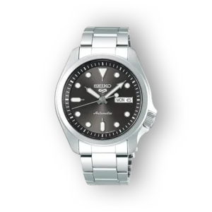 Seiko fekete számlapos, automata férfi karóra előlnézetben.