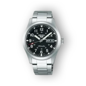 Fekete számlapos Seiko 5 automata karóra ezüst szíjjal.