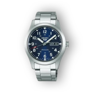 Seiko 5 Sports SRPG29K1 férfi óra, kék számlappal és fém szíjjal.