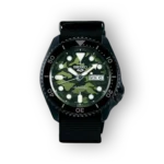 Seiko 5 Sports watch with a camouflage dial, luminous markers, black bezel, and strap, featuring date and day displays.
