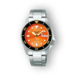 Seiko 5 Sports SRPK35K1 automata óra, narancssárga számlappal és fém szíjjal.