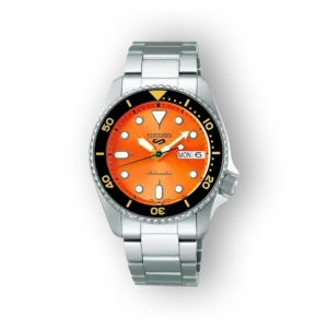 Seiko 5 Sports SRPK35K1 automata óra, narancssárga számlappal és fém szíjjal.
