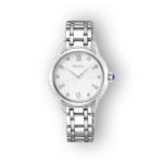 Seiko Quartz SRZ537P1 elegáns női karóra, ezüst szíjjal és fehér számlappal.