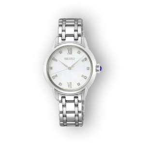 Seiko Quartz SRZ537P1 elegáns női karóra, ezüst szíjjal és fehér számlappal.