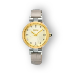 Gold-tone Seiko watch with a textured yellow dial, diamond-like markers, and a silver and beige strap. Elegant and stylish design.
