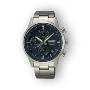 Titanium chronograph watch featuring a deep blue dial, silver hands, sub-dials, and a metallic bracelet, set against a black background.