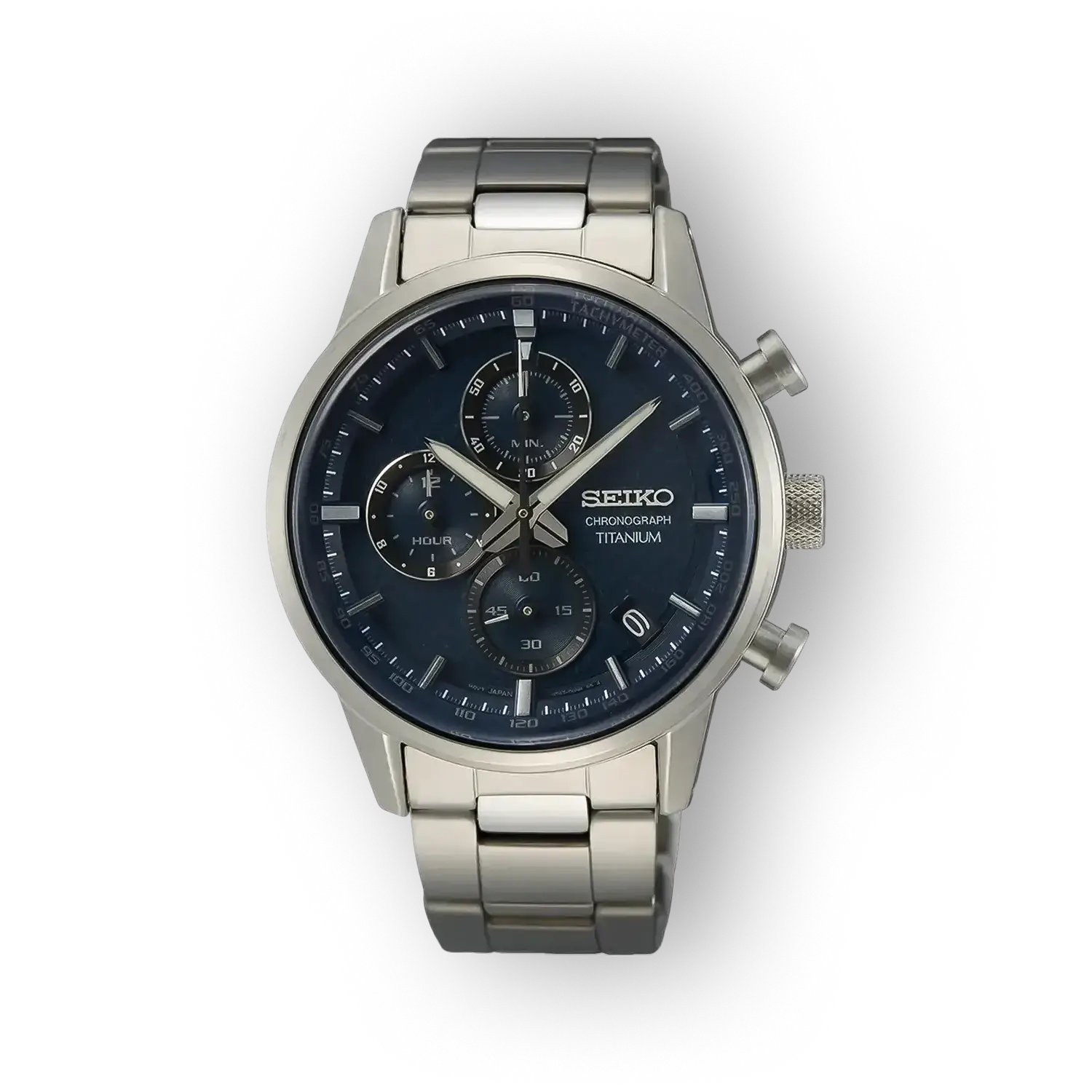 Titanium chronograph watch featuring a deep blue dial, silver hands, sub-dials, and a metallic bracelet, set against a black background.