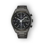 Black chronograph watch featuring a textured dial, white markers, silver hands, and a stainless steel bracelet, set against a dark background.
