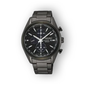 Black chronograph watch featuring a textured dial, white markers, silver hands, and a stainless steel bracelet, set against a dark background.