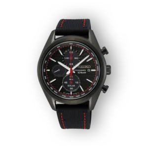 Seiko SSC777P1 fekete színű napenergiás kronográf karóra részletfotója.