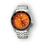 Seiko automata óra, narancs számlappal, előlnézet.