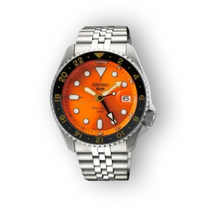 Seiko automata óra, narancs számlappal, előlnézet.