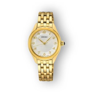 Seiko SUR384P1 arany színű női karóra fehér számlappal.
