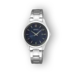 Seiko classic watch with a navy blue dial, silver-tone bezel, and bracelet. Features large hour markers and date display at 3 o'clock.