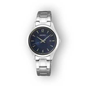 Seiko classic watch with a navy blue dial, silver-tone bezel, and bracelet. Features large hour markers and date display at 3 o'clock.