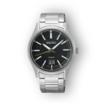 Seiko Quartz SUR535P1 watch featuring a black dial, silver stainless steel bracelet, and date display at 6 o'clock. Waterproof up to 10 bar.