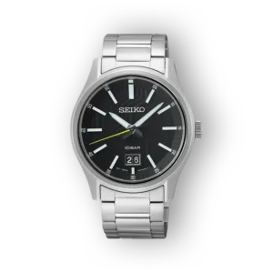 Seiko Quartz SUR535P1 watch featuring a black dial, silver stainless steel bracelet, and date display at 6 o'clock. Waterproof up to 10 bar.