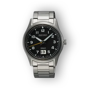 Seiko Quartz SUR569P1 fekete számlapos karóra ezüst szíjjal.