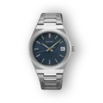 Silver stainless steel watch featuring a textured dark blue dial, silver hour markers, and a date display at three o'clock.