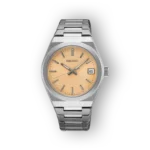 Seiko ezüst karóra, narancssárga számlappal, elölnézetben.