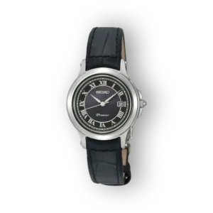 Seiko Premier SXDE05P1 fekete számlapú karóra ezüst házzal és bőr szíjjal.