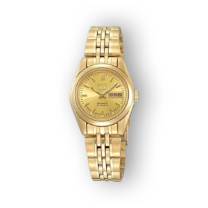 Arany színű Seiko 5 SYMA38K1 automata karóra, elegáns lánccal.