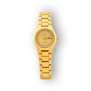 Arany színű automatizált karóra fekete háttérrel.